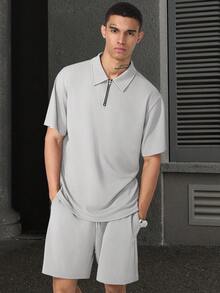 Manfinity Homme Men's Solid Color Zip-Up Half Placket Short Sleeve Polo Shirt And Shorts Casual Daily Outfit - Grey - View 3
