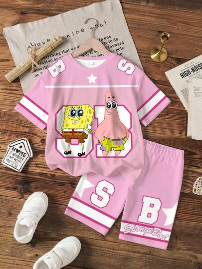 SpongeBob SquarePants | SHEIN Conjunto de camiseta de manga corta con cuello redondo y estampado de dibujos animados y letras de colores contrastantes, y shorts para niña preadolescente