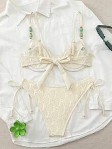 Swim Chiccia 26SS Spring/Summer Beach Vacation Texture Fabric Green Underwire Push-Up 2 Pieces Swimwear - Apricot - View 2
