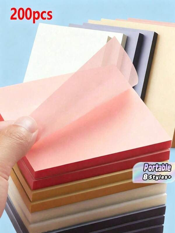 4pcs Random Color 200pcs Transparent Sticky Notes, Muted Tone, Square Shaped, Office & School Supplies Back To School