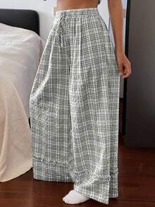 DAZY Plaid Ruffle Trim Loose Wide Leg Long Pajama Pants For Women - Black and White - View 5