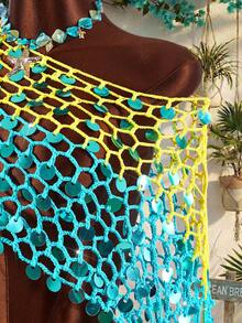 Amplova Áo khoác ngoài móc gợi cảm phong cách avant-garde cho nữ, phù hợp đi nghỉ dưỡng, áo crop top móc vai lệch đính sequin, màu xanh ombre dễ thương, hàng mới về cho đi biển và resort - Màu xanh lam - Xem 5