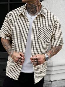 Manfinity CasualCool Men's Plaid Print Patch Pocket Front Button Casual Short Sleeve Shirt - Black and White - View 6