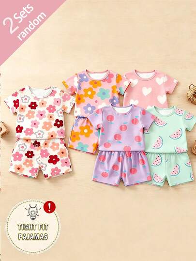 [Random 5 Sets, Get 1 Set] Girls' Snug Fit Short Sleeve Shorts Set, Fruit/Floral/Heart Print, Fresh & Sweet, Cute & Playful, Round Neck, Elastic Waist, Comfortable For Home, Casual, Outdoor, Summer