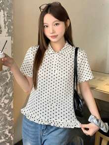 DAZY 女款波點印花翻領清新韓風襯衫 夏季 - 杏色 - 查看 7