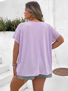 SHEIN CURVE+ Plus Size Color Block Lace Splicing Short Sleeve T-Shirt, Suitable For Beach Vacation In Summer Boho Vacation - Mauve Purple - View 2