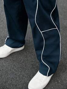 Manfinity CasualCool 男士休闲畅销直筒裤，INS 高街嘻哈风格，侧边白色抽绳，黑色面料，适合所有季节和日常穿着，送给男友/老公的必备礼物，男士休闲服饰，Y2K - 藏蓝色 - 查看 3