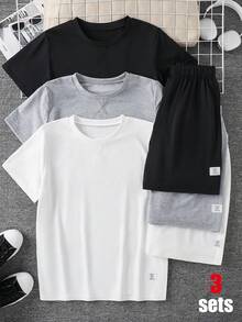 SHEIN 青少年男孩 6件/套 夏季休閒時尚圓領T恤+短褲套裝，全白，親子穿搭，舒適短袖T恤，基礎童裝 - 彩色 - 查看 5
