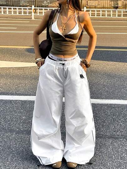 Coolane Women's  Fall/Winter  Streetwear  Banded Texture Decoration  Sport Parachute Pants,Back To School Outfits,White Sweatpants