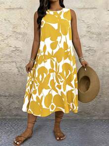 SHEIN LUNE CURVE Plus Size Round Neck Sleeveless All-Over Print Loose Casual Summer Dress - Yellow - View 5