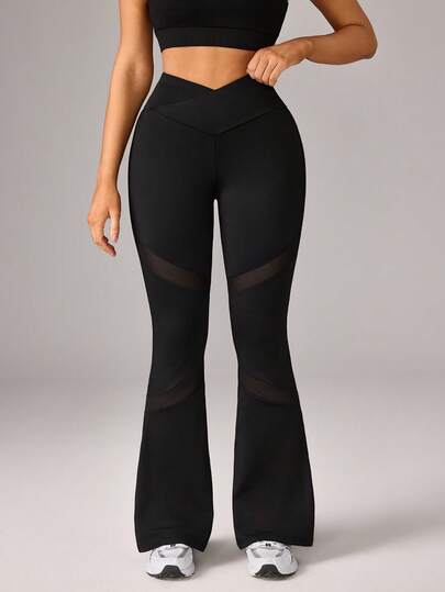 Slayform Women's Sports Yoga Outdoor Fitness Flare Pants, Mesh Patchwork V-Waist Minimalist Basic Style