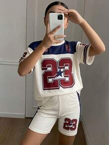Bộ 2 món áo thun dệt kim in số 67 phong cách retro mềm mại + quần legging cho bé gái tuổi teen mùa hè, trang phục thời trang thường ngày đa năng đi chơi, du lịch, cắm trại, chụp ảnh, phối đồ gia đình - Nhiều màu - Xem 1