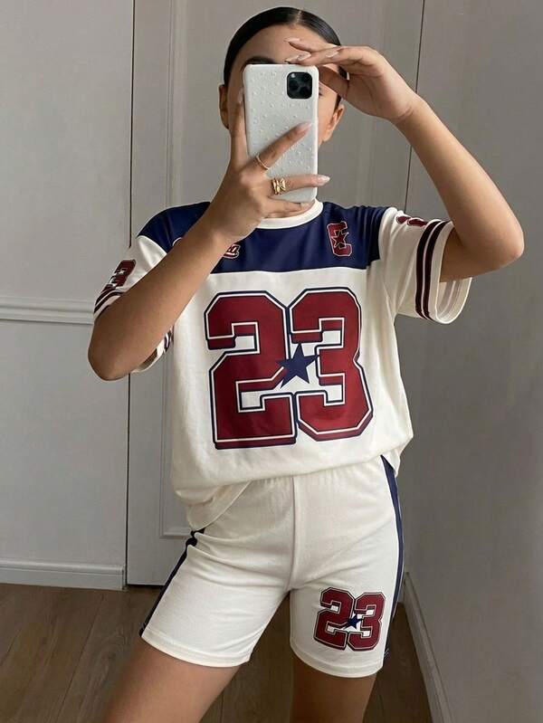 Bộ 2 món áo thun dệt kim in số 67 phong cách retro mềm mại + quần legging cho bé gái tuổi teen mùa hè, trang phục thời trang thường ngày đa năng đi chơi, du lịch, cắm trại, chụp ảnh, phối đồ gia đình