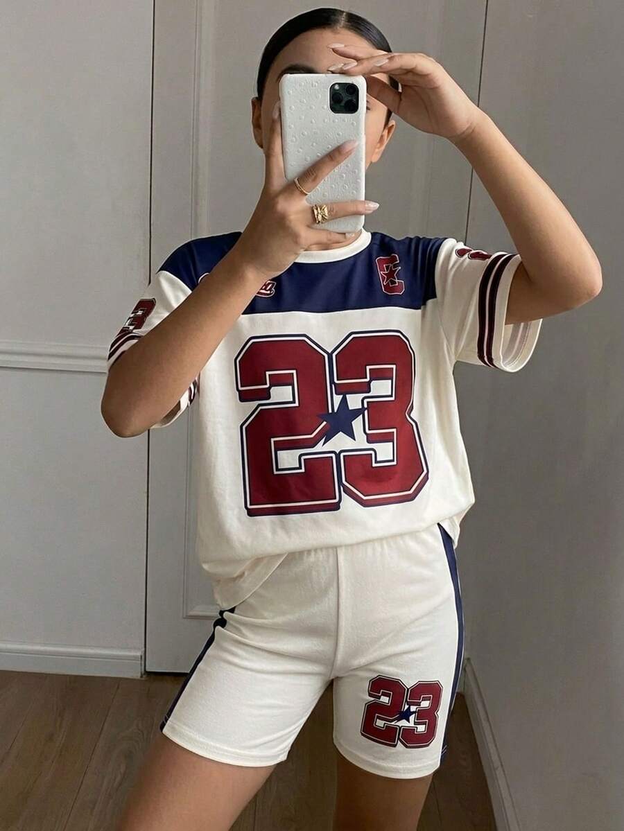 Bộ 2 món áo thun dệt kim in số 67 phong cách retro mềm mại + quần legging cho bé gái tuổi teen mùa hè, trang phục thời trang thường ngày đa năng đi chơi, du lịch, cắm trại, chụp ảnh, phối đồ gia đình - Nhiều màu - Xem 1