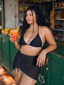 SHEIN Swim 大尺碼 2026 夏季新款海灘度假黑白貝殼飾邊兩件式罩衫 - 黑與白 - 查看 7