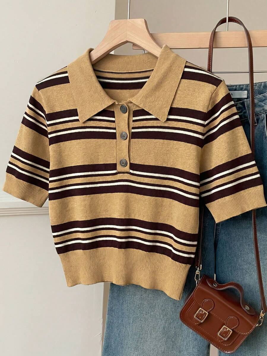 Muchica Regular-Shoulder Short Sleeve Half-Placket Casual Striped Knit Sweater - Camel - View 1