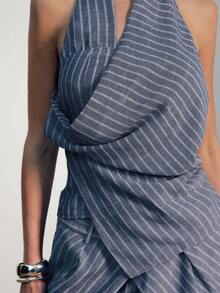 Hauture Women's Sleeveless Ruched Backless Striped Elegant Blouse, Old Money, Sophisticated Top, Work, Brunch, Baby Showers, Dates, Night Out, Wedding - Navy Blue - View 4