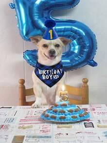 4件套标语图案宠物头巾、帽子和蝴蝶结套装，适合狗狗和猫咪生日派对 - 彩色 - 查看 6