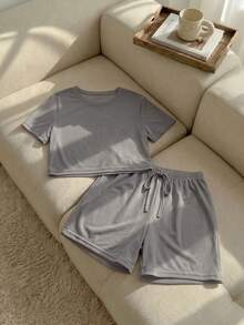 Resyla Áo lưới xuyên thấu trễ vai & quần short Bộ PJ / Bộ Pyjama không có lớp lót - Xám - Xem 3