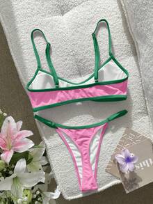 Swim SXY 女款比基尼泳衣性感純色拼接比基尼，內建胸墊短版背心吊帶泳衣，適合度假、海灘穿搭、Y2K、健身套裝，情人節新年派對度假穿搭，城市至海灘波希米亞風 SS26 春夏海灘裝 - 粉色 - 查看 3