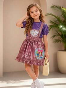 Vestido de princesa Lara para niña, disfraz de satén brillante con mangas abullonadas y top estampado de corazones para fiesta de cumpleaños. - Rosa - Ver 5