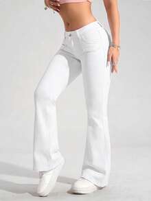 SHEIN PETITE Quần jeans ống loe cạp thấp trơn, thời trang, năng động, đa năng - trắng - Xem 4