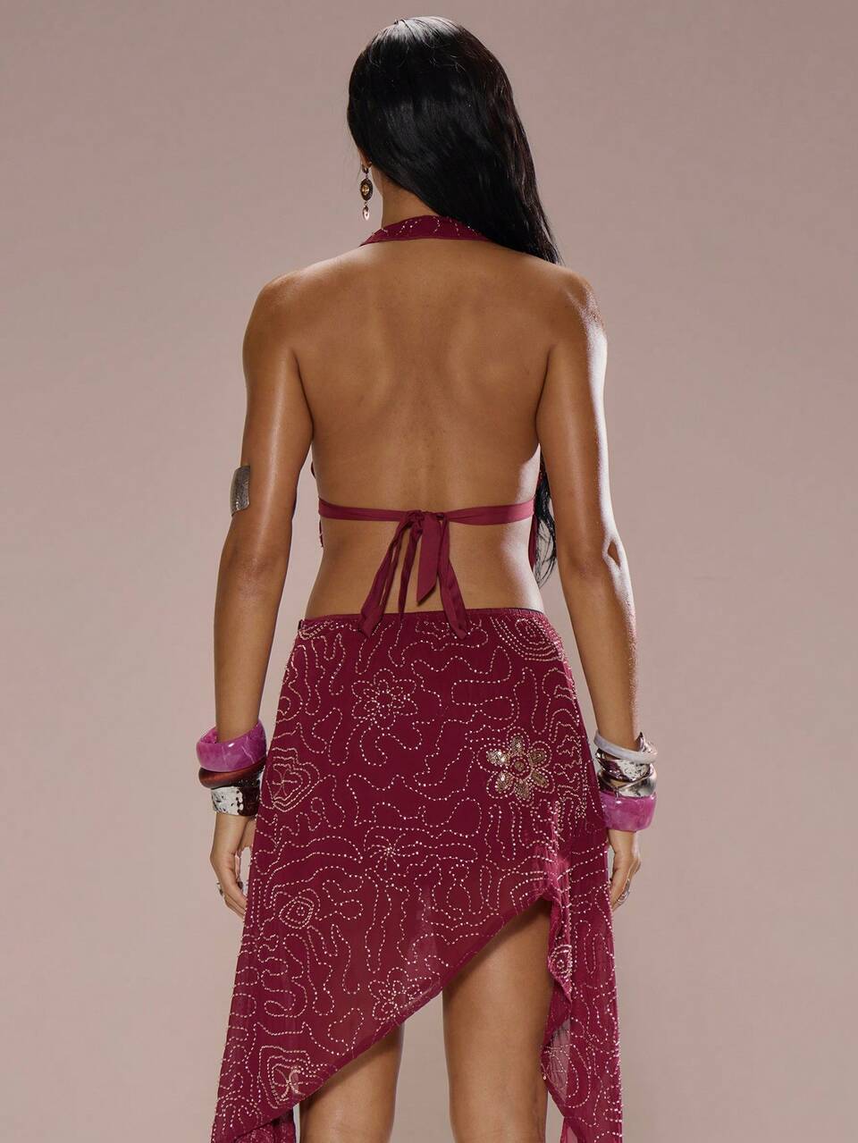 Sequin Embellished Detail Backless Halterneck Top Only Summer Holiday Vacation Beach Ibiza Cute Festival Elegant Cherry Moon