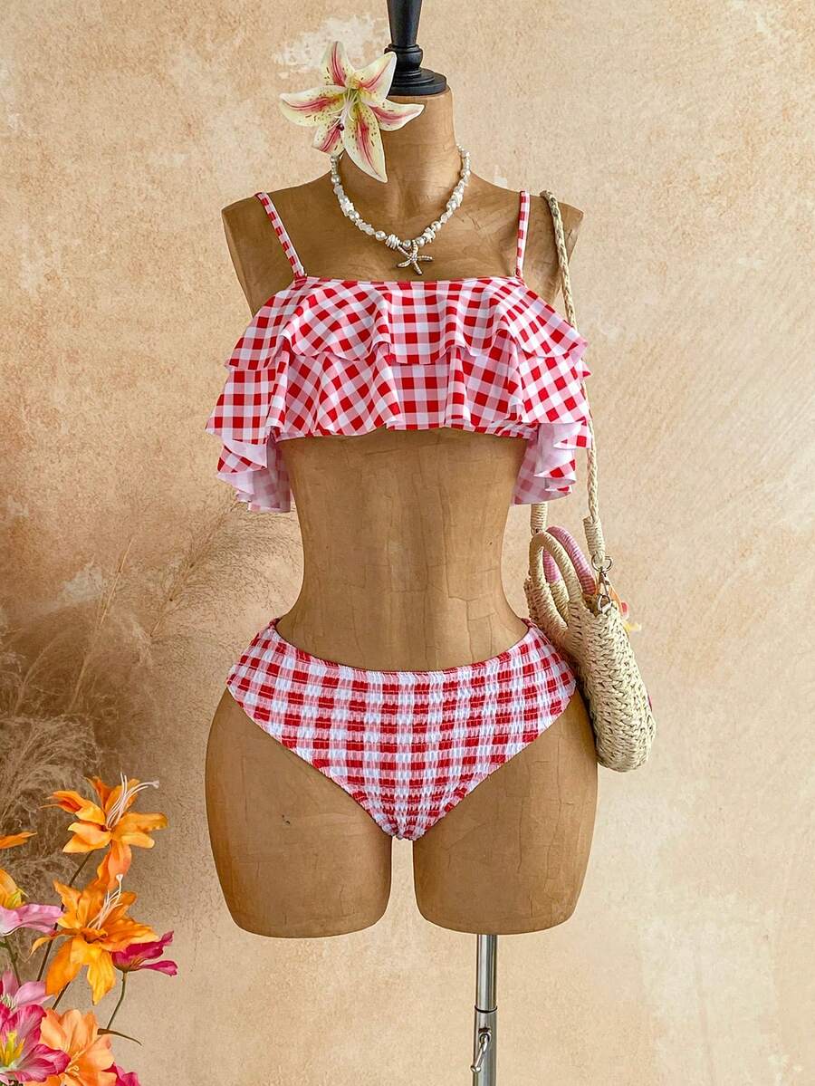 Soleia Red & White Plaid Ruffled Bandeau Bikini Set, High Waist Retro Sweet Girl Style Swimwear For Vacation - Red and White - View 1