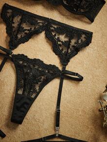 PinupPomp 5pcs/Set Women's Embroidery Mesh Sexy Lingerie Set For Going Out - Black - View 5