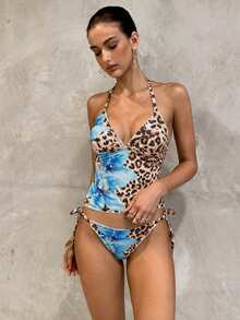 Swim Glamine 2pcs Sweet Floral Print Brown And Blue Plaid Bikini Set, Casual Tropical Spring/Summer Beach Party Vacation - Baby Blue - View 9