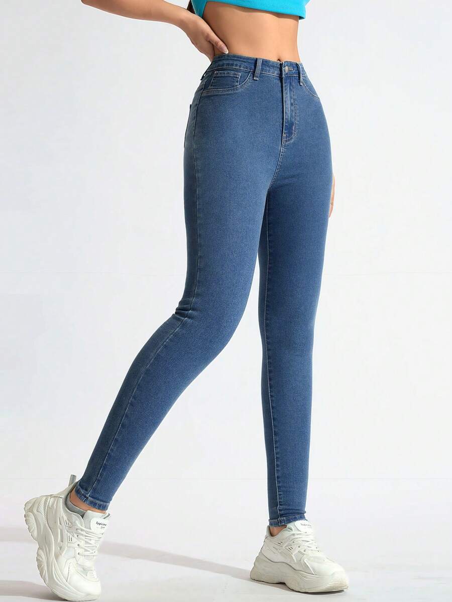 SHEIN Tall Women's Fashion Versatile Pocket Button Skinny Jeans, Slim Fit - Medium Wash - View 1