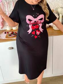 Slumberry CURVE Cute INS Contrast Plaid Bow Cherry Heart Print Loose Fit Plus Size Nightgown - Black - View 3