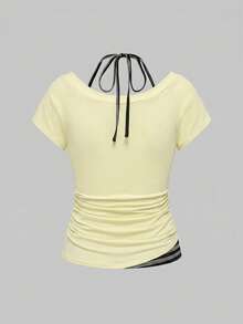 ROMWE Grunge Punk Women's Sexy Y2K 2 In 1 V-Neck Striped Contrast Color Halter Tie Bow T-Shirt, Summer - Yellow - View 2