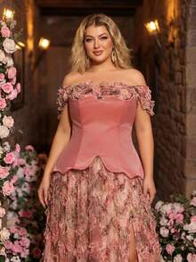Glamrae Plus Size Dusty Pink Summer Elegant Formal Wedding Mesh Floral Print Patchwork Satin Asymmetric Maxi Dress,High Slit Gala Red Carpet Gown - Multicolor - View 6