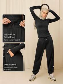 GLOWMODE Modest 1PC Sun & Sweat Cooling Quick-Dry Sun Protection Relaxed Fit Adjustable Drawstring Waist Side Pockets Joggers Running Workout Gym - Black - View 4