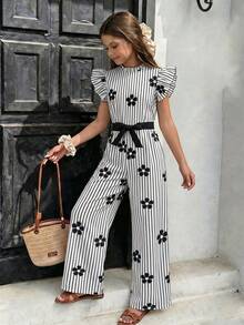 SHEIN Tween Girls Ruched Collar, Detachable Waist Belt, Polka Dot Pleated Jumpsuit, Featuring Flutter Sleeves, Ruffle Collar. Suitable For Elegant Casual, Holiday, Party, Shopping - Black and White - View 4
