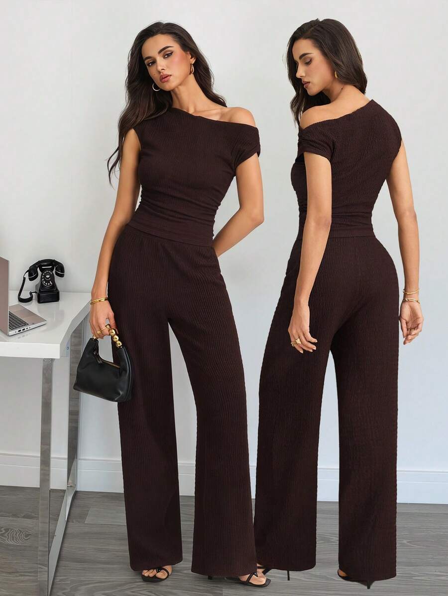 SHEIN Tall 新款夏季女士波西米亚风度假套装,两件套,日常穿着,露腰设计 - 棕色 - 查看 1