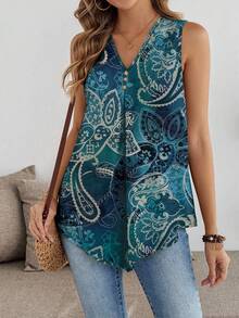 EMERY ROSE Elegant Vintage Distressed Green Floral Print Bohemian Style Sleeveless V-Neck Blouse, Suitable For Music Festivals, Beach Outfits, Vacation Wear, Plus Size Women In Summer - Multicolor - View 5