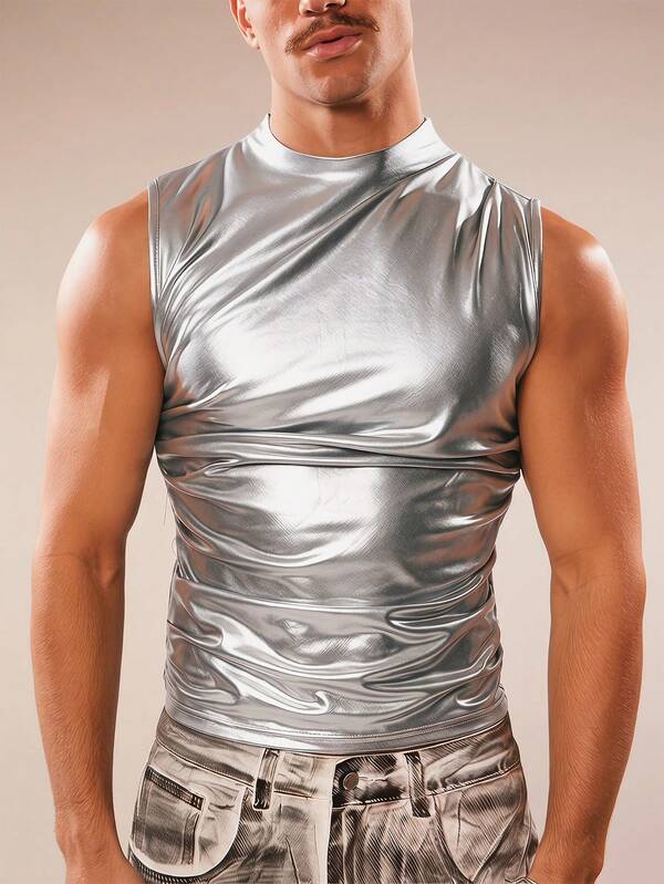 FeverCity Tank Top Pria Warna Polos Kerah Mandarin Tanpa Lengan Potongan Ramping Modis Musim Panas Warna Perak