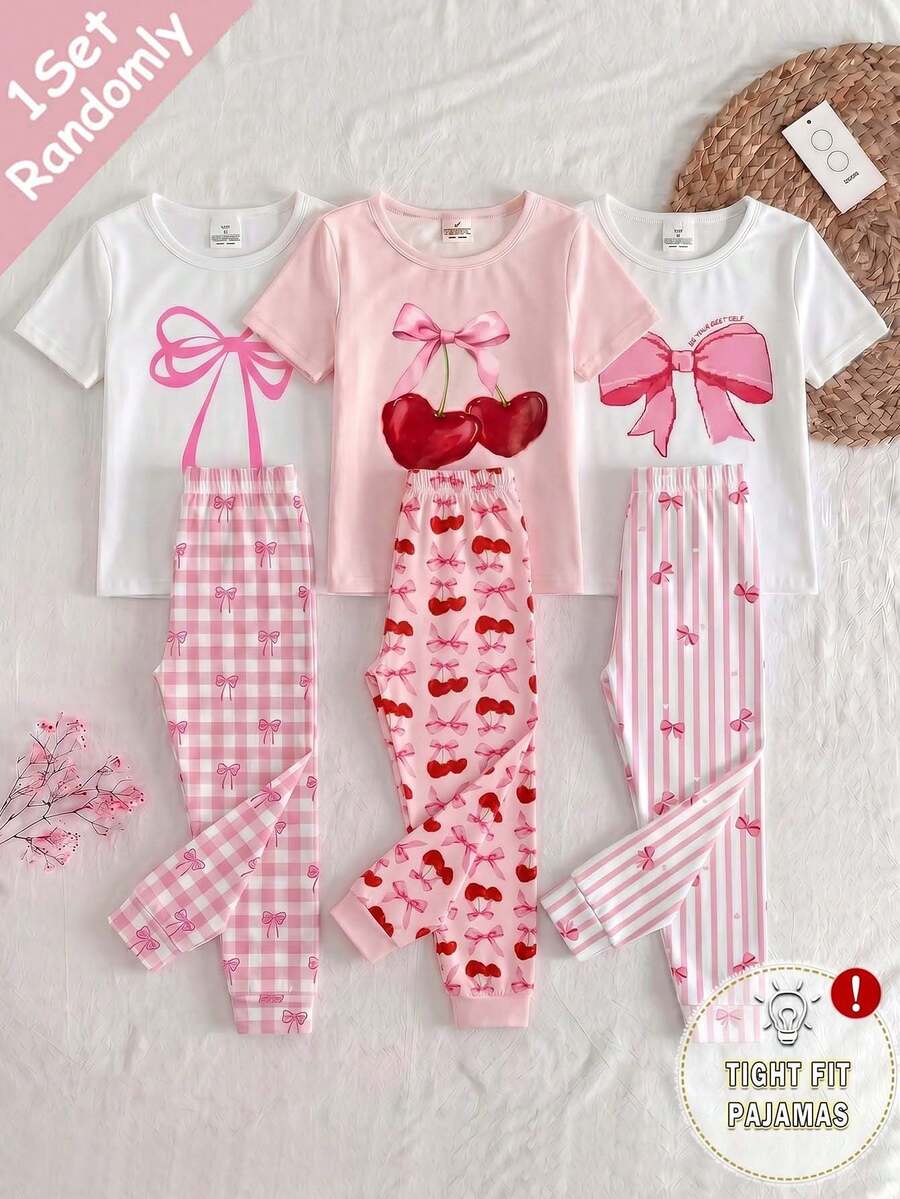 [1 Bộ giao hàng ngẫu nhiên] Bộ đồ ngủ bé gái, hàng mới về mùa xuân/hè, kiểu dáng dễ thương bán chạy nhất với các yếu tố cổ điển như nơ, kẻ caro, sọc dọc, quần dài in họa tiết, chất liệu vải dệt kim co giãn cao, tay ngắn và quần dài, gồm 1 áo ngủ + 1 quần ngủ (Giao hàng ngẫu nhiên) - Hồng - Xem 1