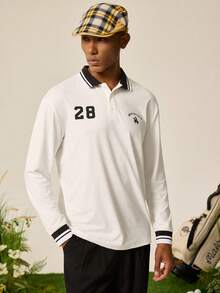 Tonviero Camisa polo de manga larga con gráficos de letras y ribete a rayas, camisa polo urbana casual con bloques de color, regalo para novio, otoño - Blanco - Ver 1