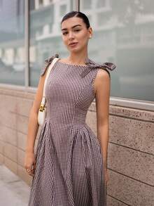 Andrea Bello Casual Plaid Cinched Waist Ruched Fitted Dress Elegant Summer - Coffee - View 3