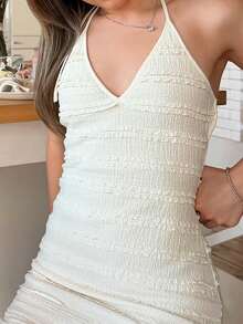 Katetique Sweet Knitted Texture Frill Trim Backless Lightweight Casual Tie-Up Mini Dress For Women, Spring/Summer Party Elegant - Apricot - View 6