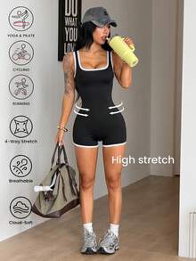 Coolane Women's Summer Going Out Sport Sportswear Casual Daily Wear Basic Antibacterial Deodorized Moisture-Wicking Wear-Resistant Cool Black And White Jumpsuit - Black - View 1