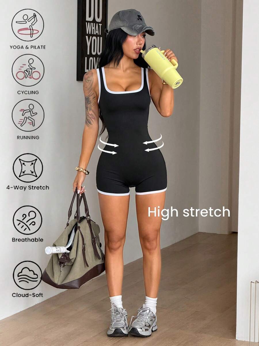 Coolane Women's Summer Going Out Sport Sportswear Casual Daily Wear Basic Antibacterial Deodorized Moisture-Wicking Wear-Resistant Cool Black And White Jumpsuit - Black - View 1