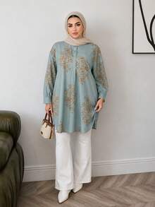 Solavon Plus Size Women Floral Print Long Sleeve Button Mandarin Collar Blouse - Multicolor - View 2