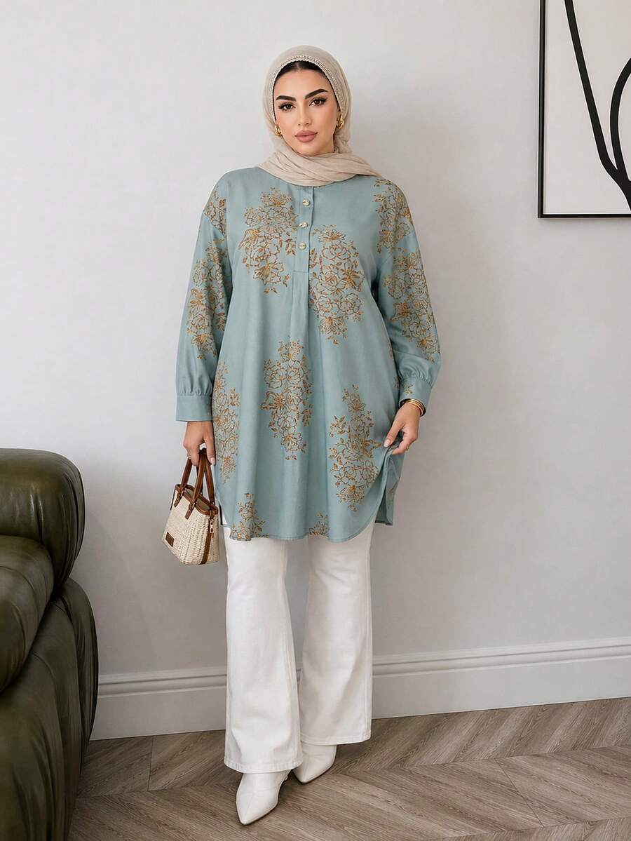 Solavon Plus Size Women Floral Print Long Sleeve Button Mandarin Collar Blouse