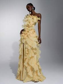 Elitara Elegant Luxurious Beaded Sequin Embroidered Lace Organza Ruffle Hem Backless Mermaid Dress,Suitable For Weddings,Parties,Galas,Formal Events - Pale Yellow - View 7