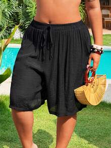 Swim Lushoire Plus Size Solid Color Elastic Waist Drawstring Pocket Casual Cover Up - Multicolor - View 6