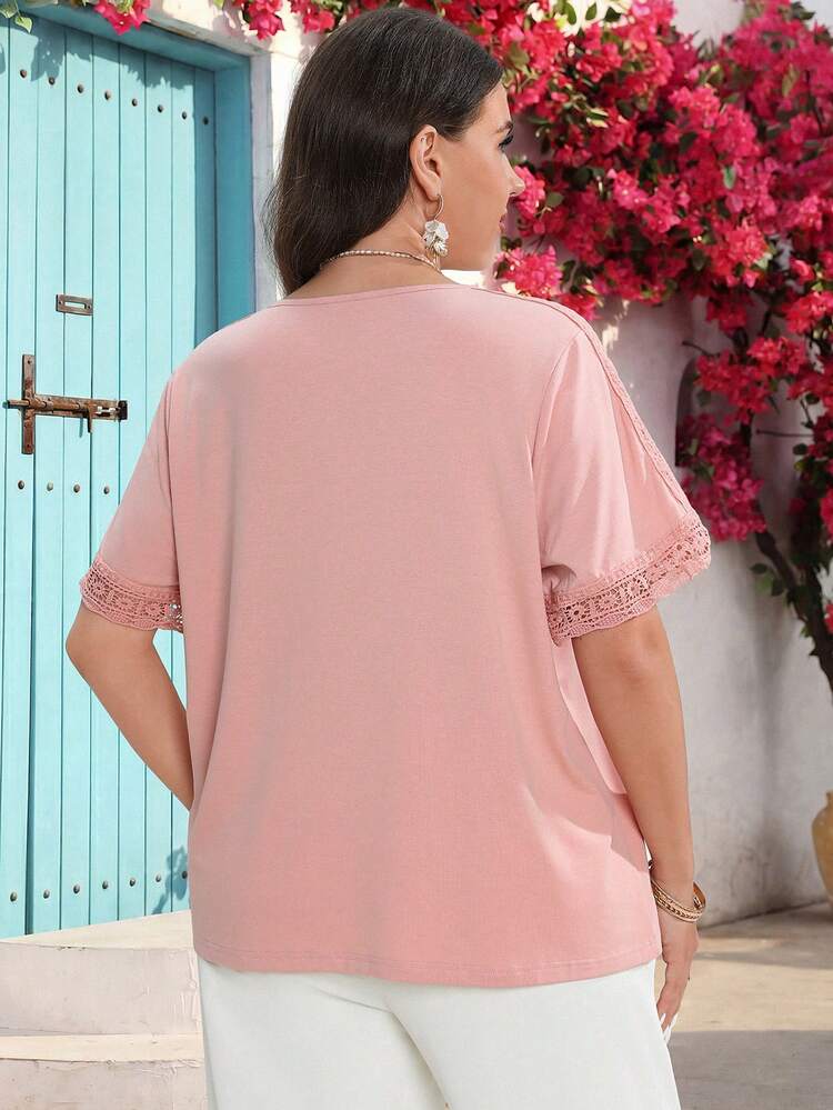 Plus Size Women Summer Casual Vacation Elegant Lace Patchwork Short Sleeve Solid Pink Boho T-Shirt,Going Out Outfits,Festa Junina